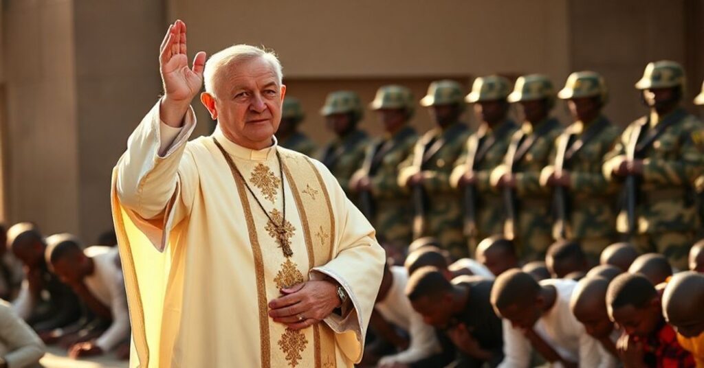 A Catholic priest blessing African Christians with soldiers in the background, symbolizing spiritual defense against persecution.