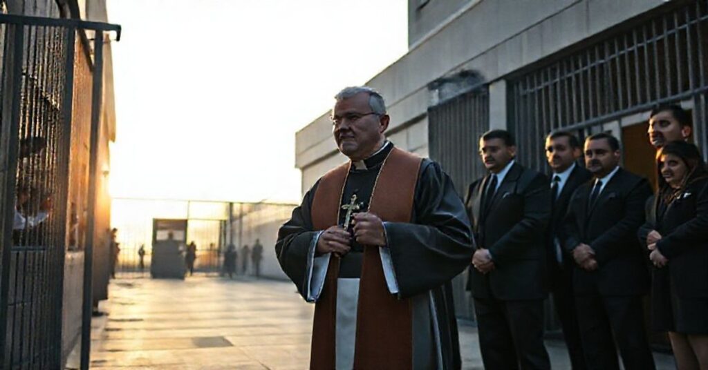 A Catholic priest in traditional vestments stands at the entrance of a detention facility, blocked by federal officials.