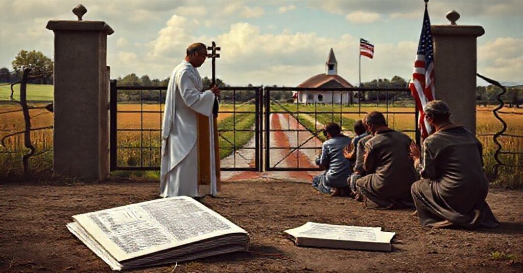 A traditional Catholic priest in solemn vestments stands before a closed border gate, holding a crucifix while immigrants kneel in prayer. The background features a serene rural landscape with a chapel and the American flag.