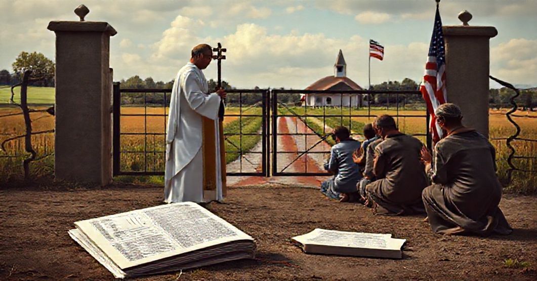 A traditional Catholic priest in solemn vestments stands before a closed border gate, holding a crucifix while immigrants kneel in prayer. The background features a serene rural landscape with a chapel and the American flag.