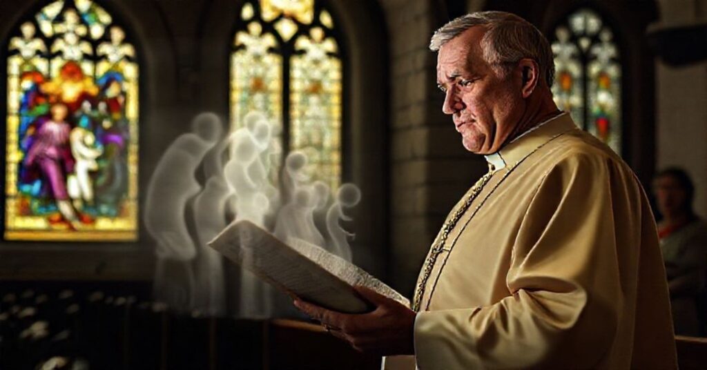 Catholic priest holding Casti Connubii encyclical in church with ghostly unborn children and legal figures