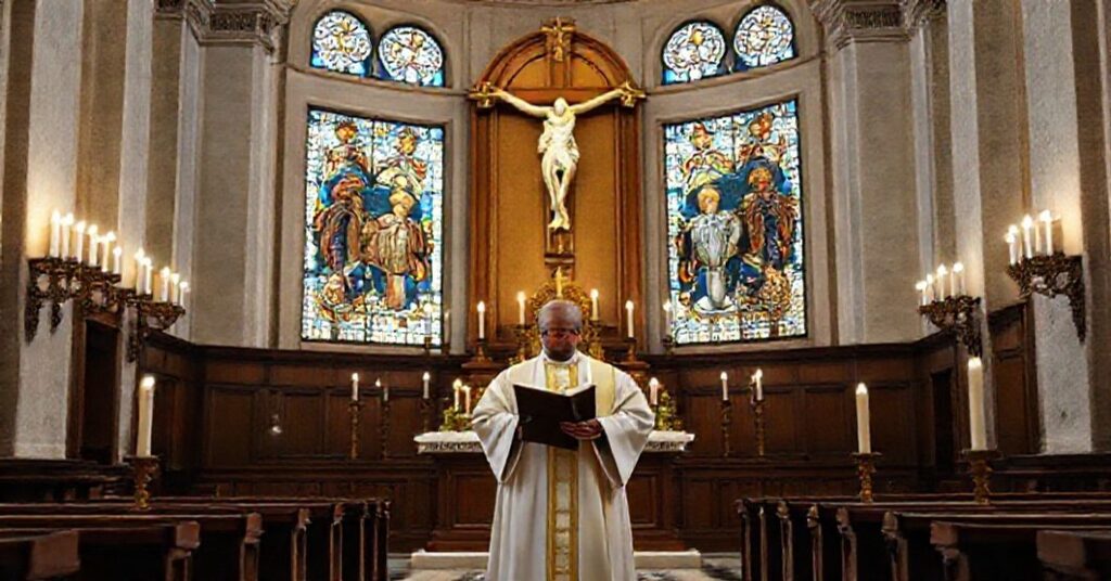 A traditional Catholic priest in a solemn chapel, holding Quas Primas, emphasizing the Kingship of Christ and condemning secularized ecumenism.