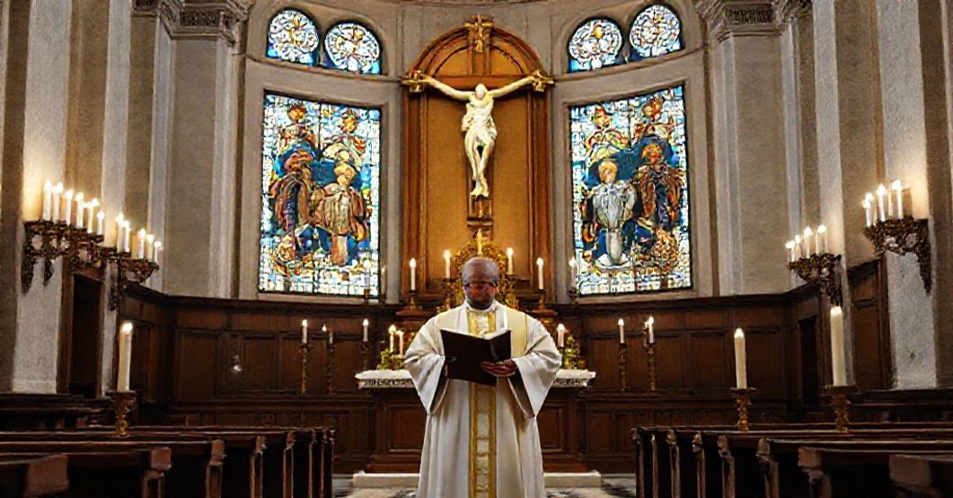 A traditional Catholic priest in a solemn chapel, holding Quas Primas, emphasizing the Kingship of Christ and condemning secularized ecumenism.
