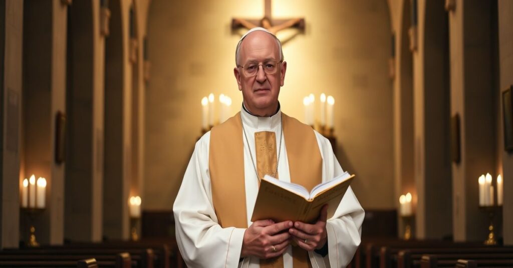 A Catholic priest in traditional attire stands solemnly in a church sanctuary, symbolizing the unchanging faith and critiquing modern deviations.