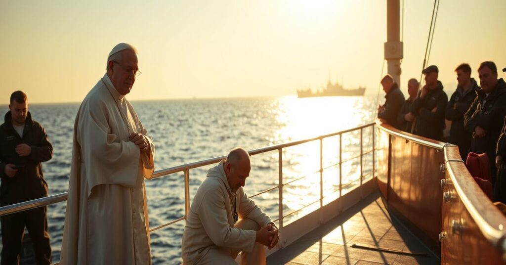 A traditional Catholic priest offers spiritual comfort to stranded sailors near the Strait of Hormuz.