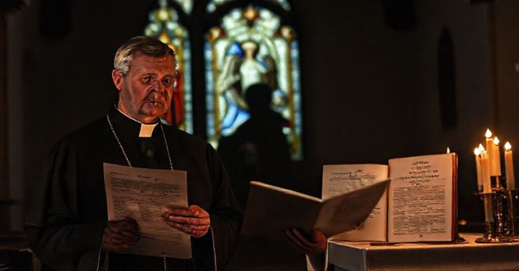 Traditional Catholic priest in a solemn church setting, examining an OCIA form with concern while holding the 1917 Code of Canon Law.