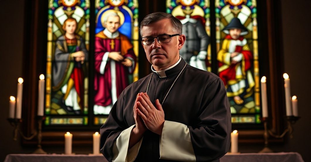 Solemn Catholic priest in traditional cassock praying before an altar, condemning modernist heresy and false ecumenism.