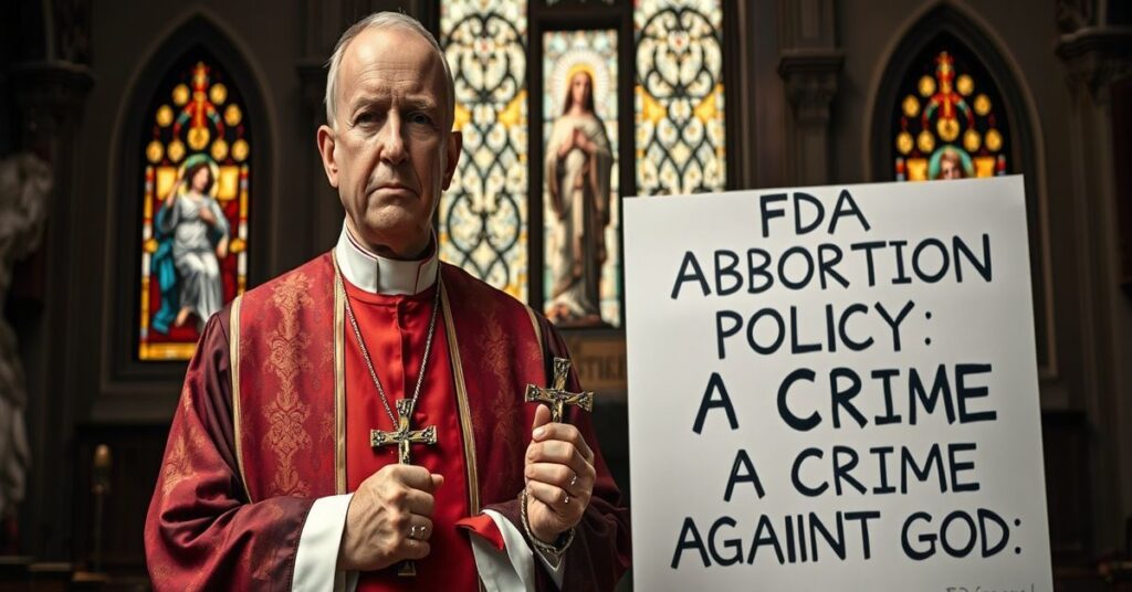A Catholic priest in traditional vestments holding a crucifix before a protest sign against FDA abortion policy in a solemn church interior.
