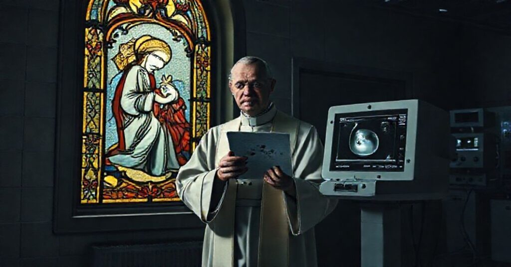 Traditional Catholic priest in sacred vestments holding Casti Connubii document, condemning embryonic screening in a dimly lit lab with ultrasound machine showing embryo.
