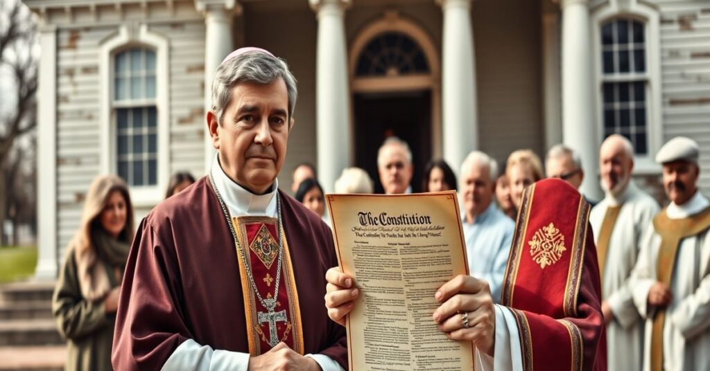 A Catholic priest in traditional vestments holds a U.S. Constitution, symbolizing the conflict between Catholic teaching and American secular foundations