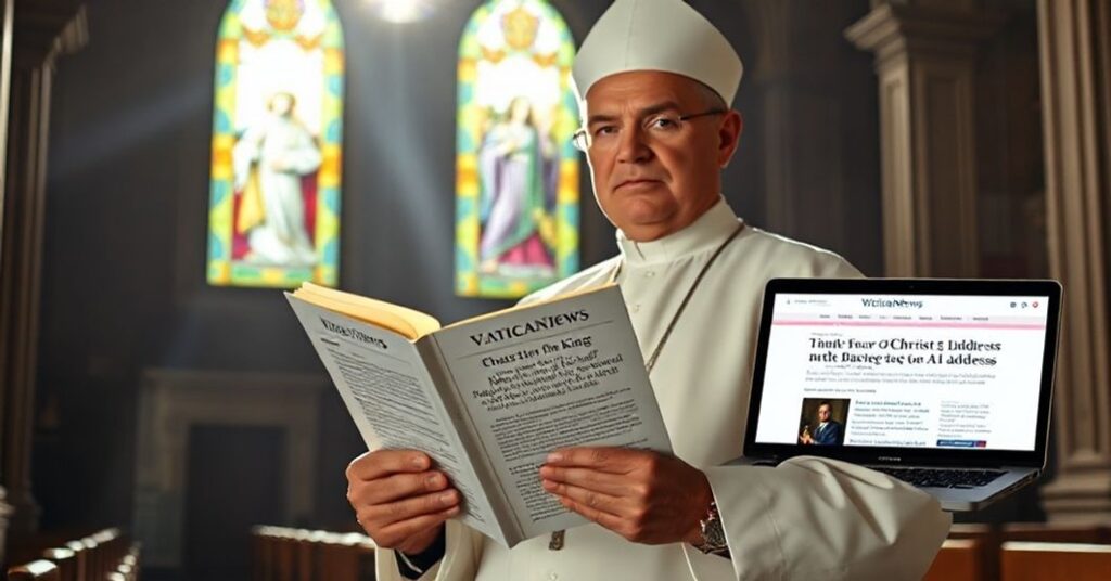 A traditional Catholic priest holds an encyclical in a church sacristy contrasting it with modern AI discourse on a laptop.