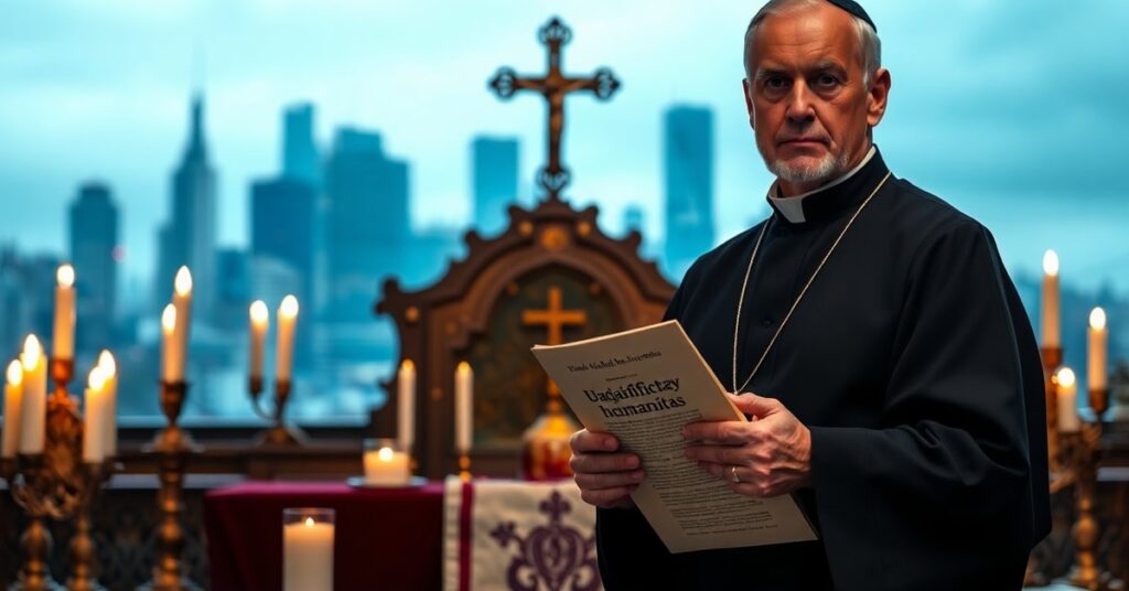 Traditional Catholic priest in black cassock holding *Magnifica humanitas* encyclical, contrasting with blurred modern tech skyline, symbolizing the clash between true Catholic teaching and modernist reductionism.