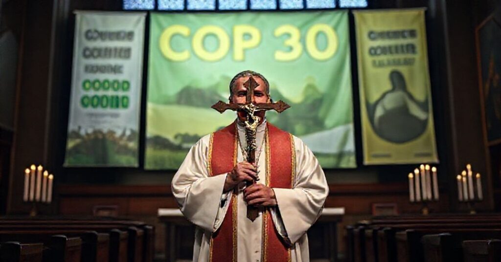 A Catholic priest in traditional vestments stands before a COP30 climate conference backdrop, contrasting the Church's supernatural mission with secular activism.
