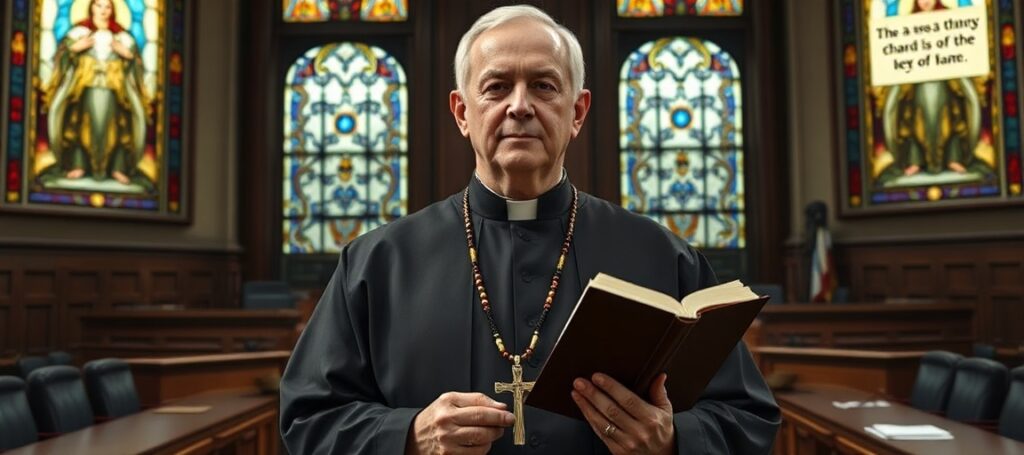 A Catholic priest in traditional vestments stands solemnly before a courtroom, holding a rosary and a Catechism, symbolizing the fight against Planned Parenthood's deception and the neo-church's silence on abortion.