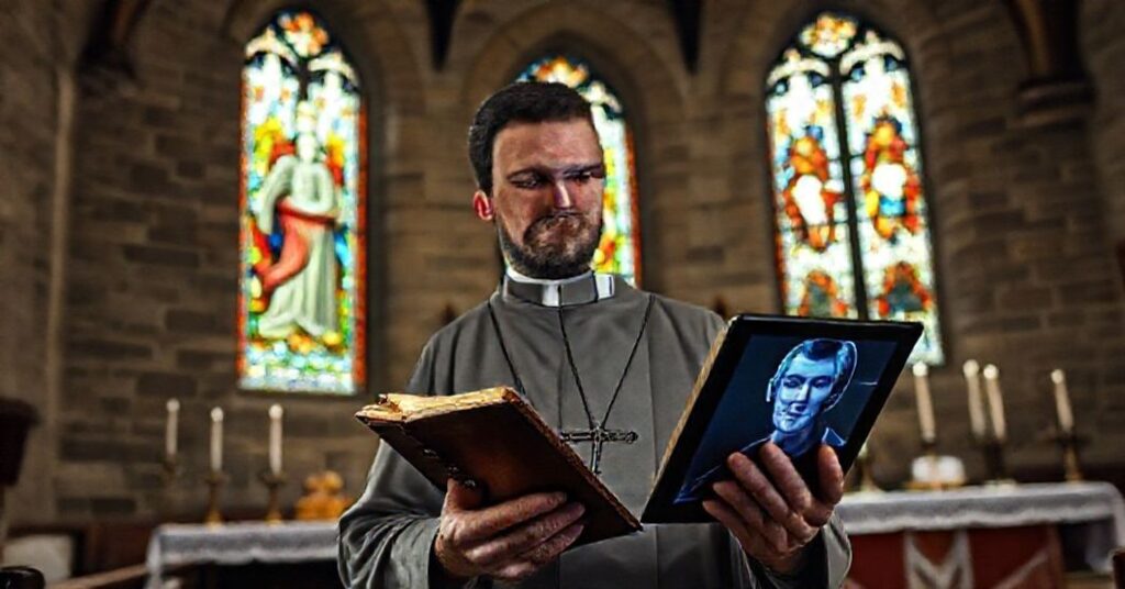 A Catholic priest in a traditional church critically examines an AI-generated avatar of a deceased person on a digital tablet.