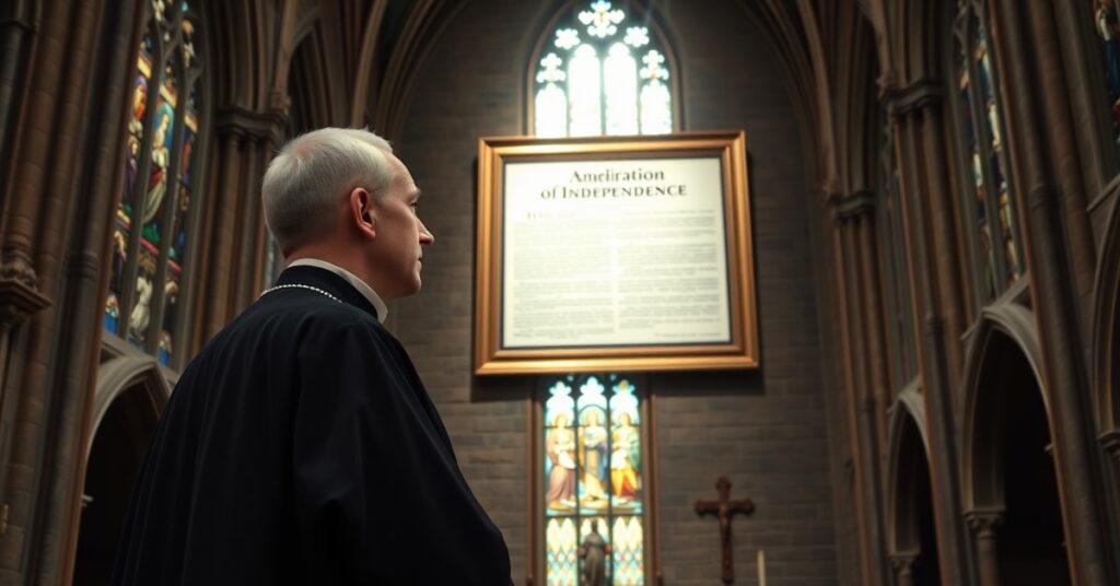 A Catholic priest contemplates the Declaration of Independence in a historic cathedral setting, reflecting on its Masonic errors versus authentic Christian truth.