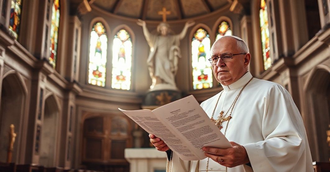 Catholic Priest Defending Faith Against Secularism A Catholic priest stands in a traditional church, holding an encyclical by Pope Pius XI and critiquing a secular government document.