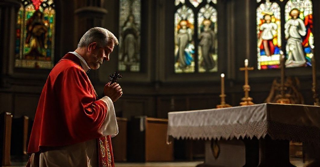A Catholic priest in traditional vestments kneels in prayer before an altar, representing the defense of traditional Catholic doctrine against modernist heresies.