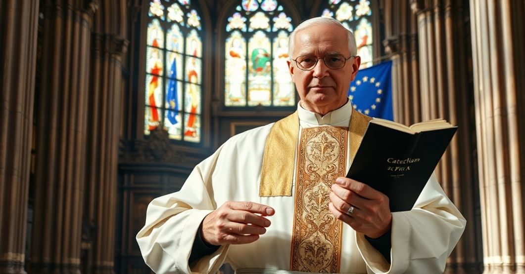 A Catholic priest in traditional vestments stands in a Polish cathedral, holding a Catechism, pointing toward an EU courtroom through stained glass windows.
