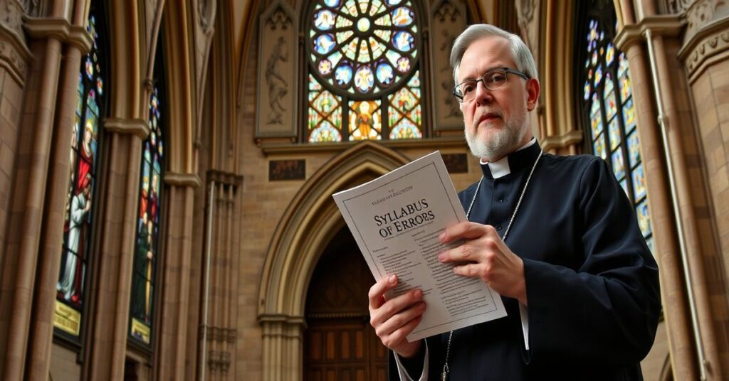 A Catholic priest in traditional attire holds the Syllabus of Errors before a historic cathedral in Jerusalem, contrasting modernist propaganda with true Catholic doctrine.
