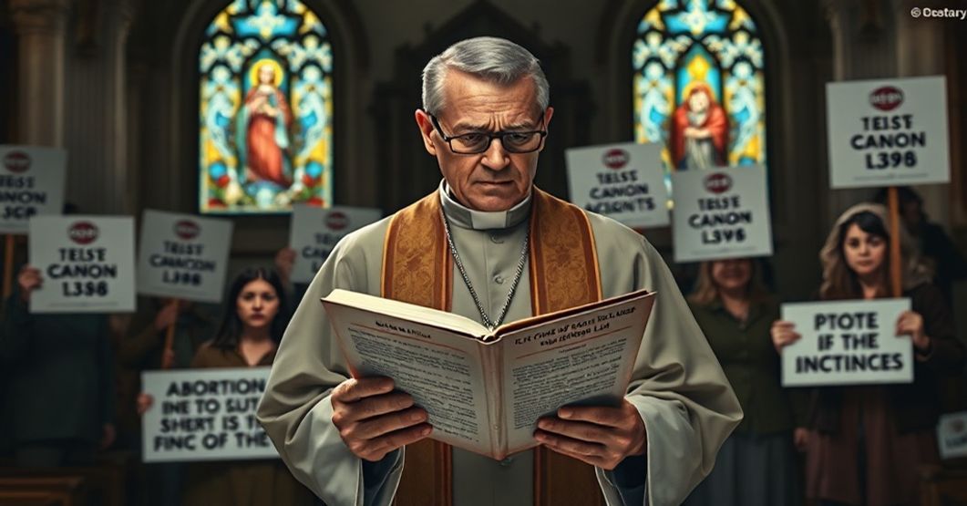 Catholic Priest Denouncing FDA Abortion Complicity Catholic priest condemning FDA complicity in abortion, standing before protestors in a church setting.