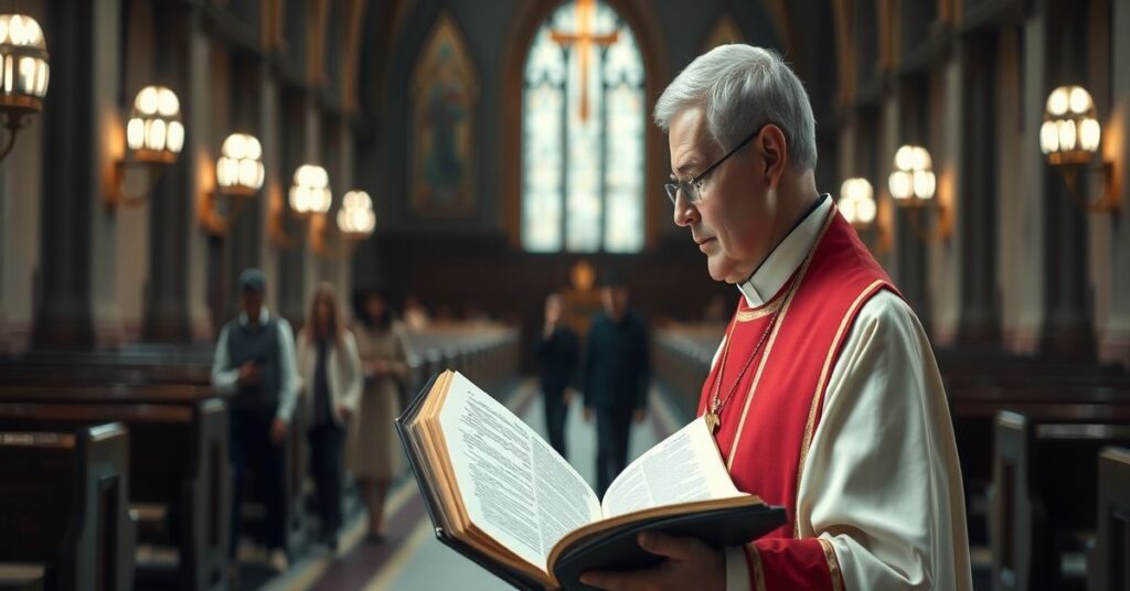 A traditional Catholic priest in a solemn church sanctuary emphasizing dogmatic truths over Modernist 'seeking'