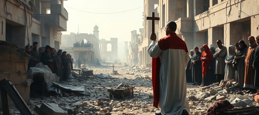 A Catholic priest in traditional vestments praying amidst the ruins of a bombed hospital in Gaza, surrounded by distraught civilians.
