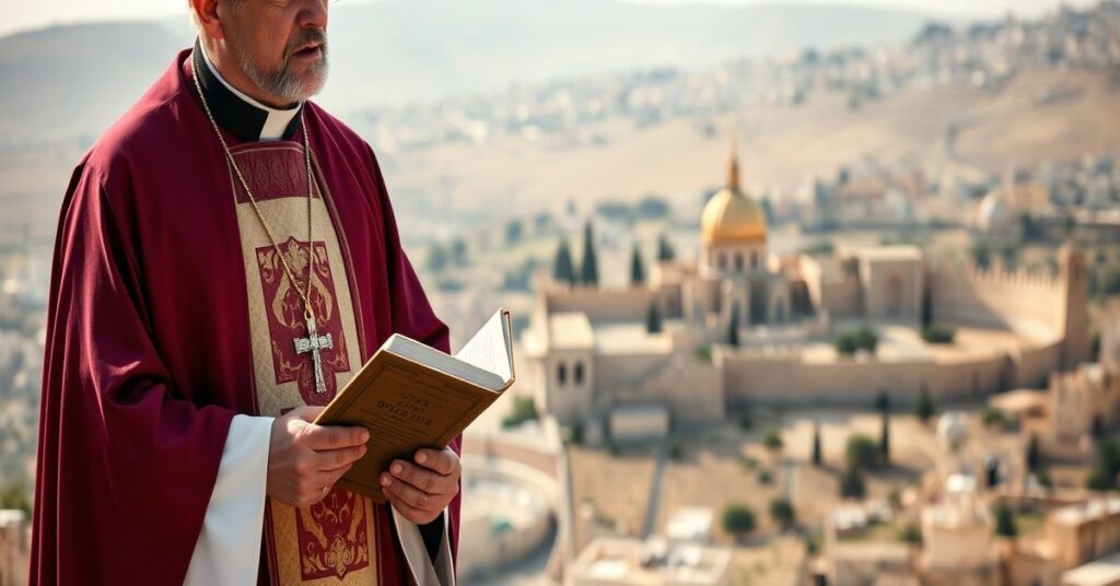 A Catholic priest in traditional vestments stands solemnly in the Holy Land, holding a copy of Quas Primas, with Rachel's Tomb in the background, symbolizing the conflict between Christ the King and secular geopolitics.