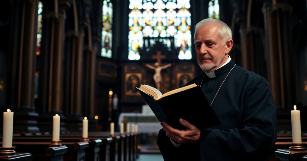 Traditional Catholic priest in prayer inside a Baroque church reflecting the demands of authentic discipleship and rejection of modernist reductionism.