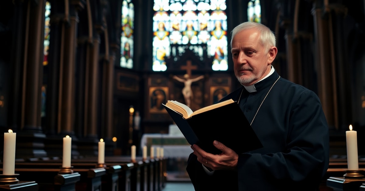 Traditional Catholic priest in prayer inside a Baroque church reflecting the demands of authentic discipleship and rejection of modernist reductionism.