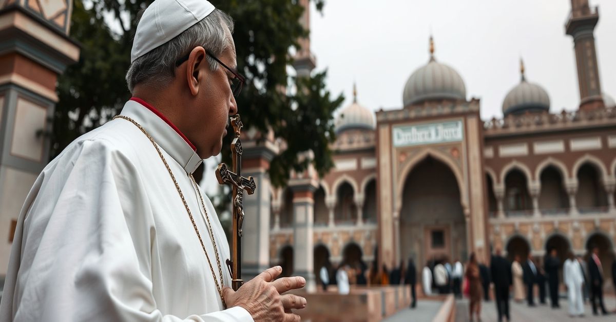 Catholic Priest Reflecting on Interfaith Apostasy in Lahore A Catholic priest holding a crucifix solemnly outside the Badshahi Mosque in Lahore, Pakistan, reflecting on interfaith apostasy and the need to uphold Christ's exclusive kingship.