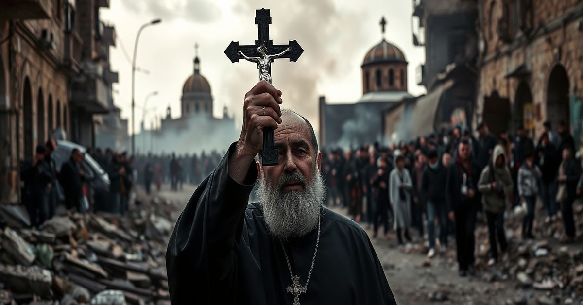 A traditional Catholic priest holding a crucifix in war-torn Lebanon, symbolizing faith amidst conflict and the need for Christ the King's reign.