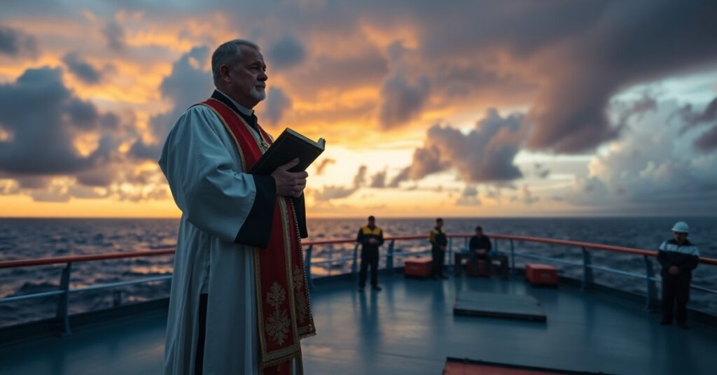 Catholic priest ministering to maritime workers on a cargo ship at sea during dusk