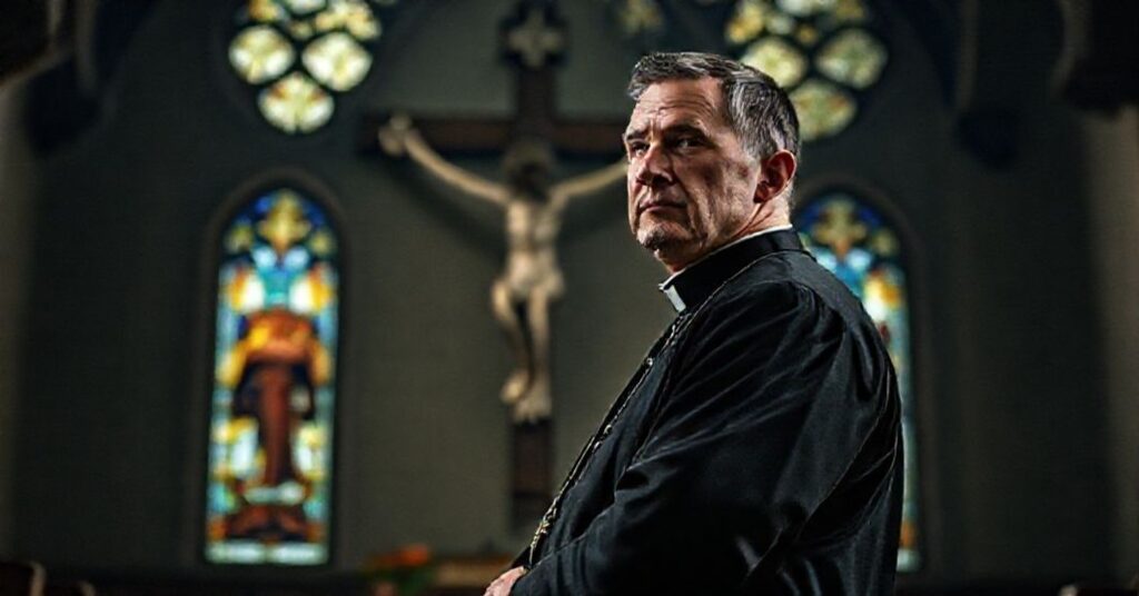 A solemn Catholic priest in traditional cassock standing before a crucifix in a dimly lit church, symbolizing the crisis of modernist heresy and the loss of Catholic identity.