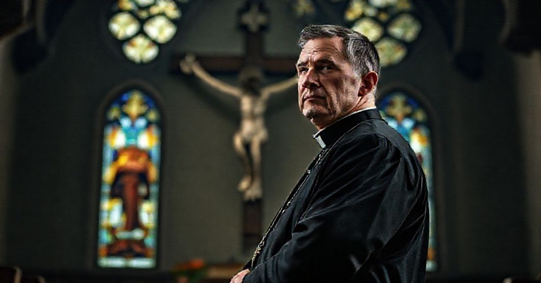 A solemn Catholic priest in traditional cassock standing before a crucifix in a dimly lit church, symbolizing the crisis of modernist heresy and the loss of Catholic identity.