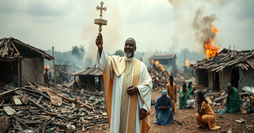 A Catholic priest in traditional attire holds a monstrance with the Blessed Sacrament amidst a devastated Nigerian village, symbolizing spiritual hope against violence.