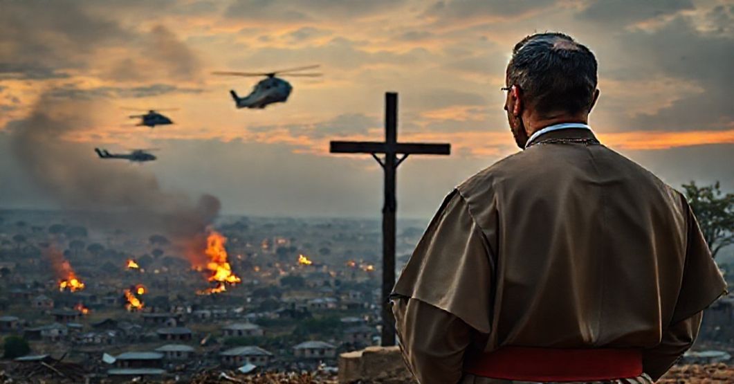 A Catholic priest in traditional vestments stands solemnly before a cross, overlooking a devastated Nigerian landscape with burning churches and fleeing Christians.