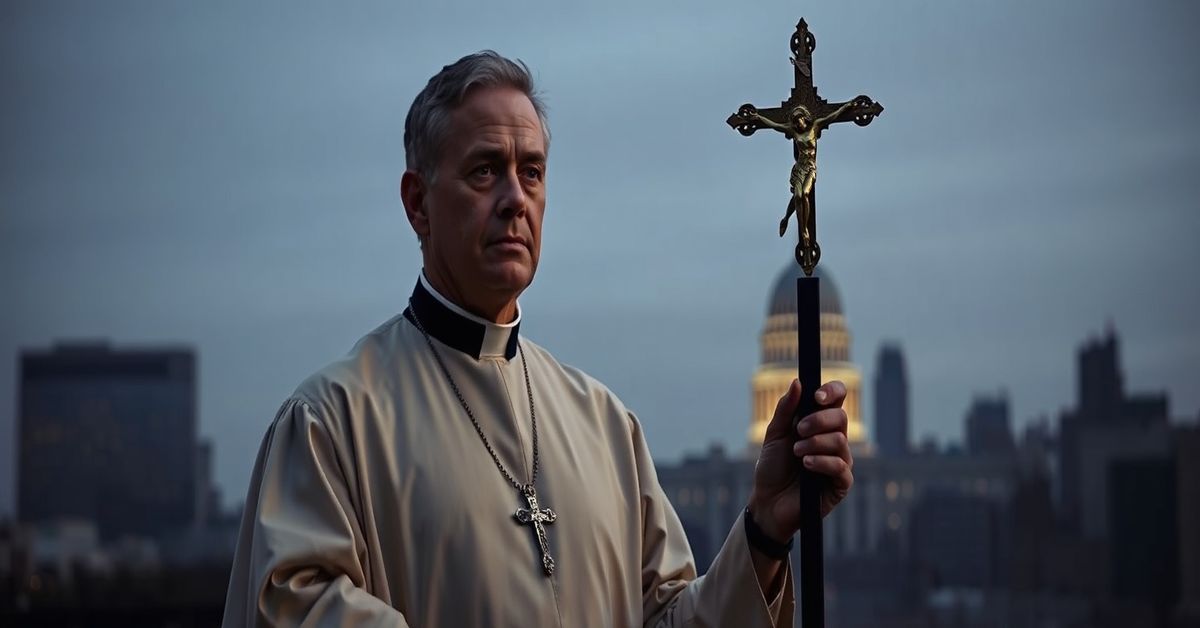 A Catholic priest stands solemnly against the New York skyline, holding a crucifix, symbolizing moral gravity against assisted suicide laws.