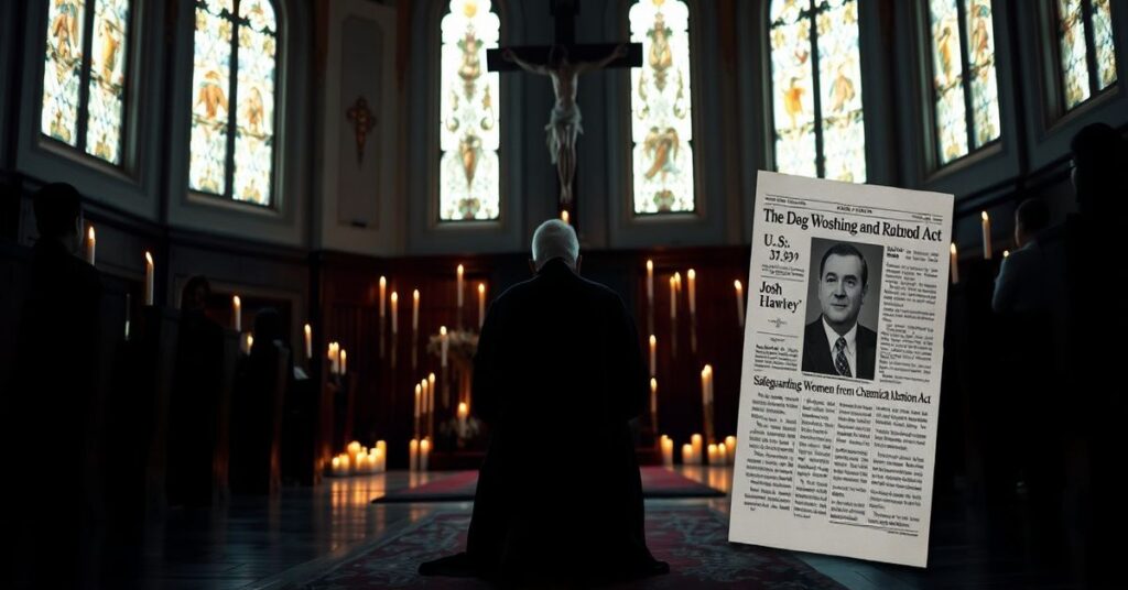 A Catholic priest kneeling in prayer before a crucifix in a dimly lit church, reflecting on the moral crisis of abortion and the modernist approach to life issues.