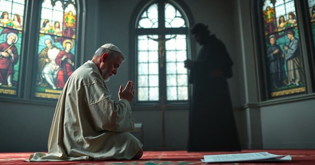 A traditional Catholic priest kneeling in prayer before a crucifix, contrasting with a shadowy modernist bishop in the background, symbolizing the spiritual crisis in the Church.
