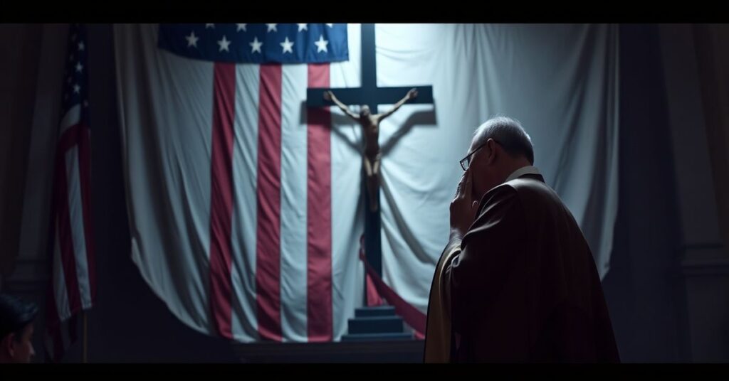 A traditional Catholic priest kneeling in prayer before a crucifix with a faded American flag in the background, symbolizing the conflict between true faith and nationalistic idolatry.