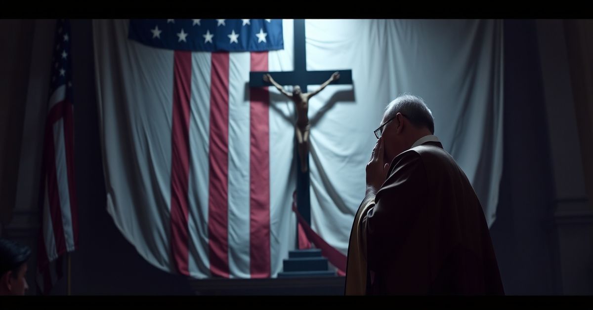 A traditional Catholic priest kneeling in prayer before a crucifix with a faded American flag in the background, symbolizing the conflict between true faith and nationalistic idolatry.