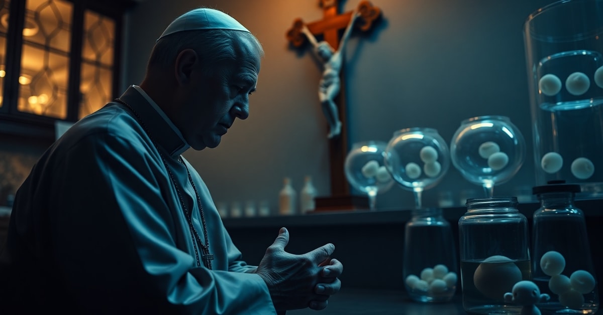 A Catholic priest kneeling in prayer before a crucifix with a laboratory background showing human embryos in glassware, depicting the moral outrage against Columbia University's unethical experiments.