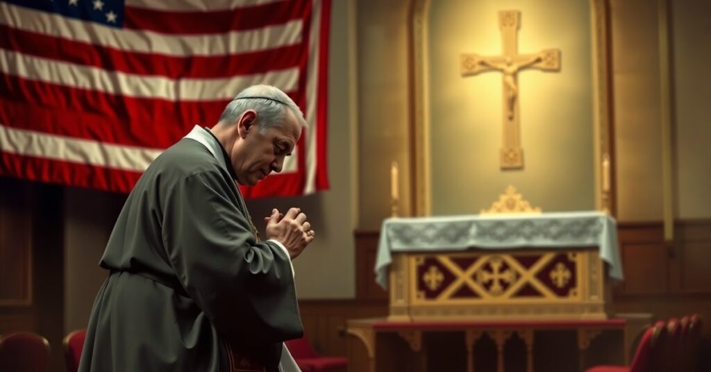 A Catholic priest kneeling in prayer before an American flag, symbolizing the conflict between traditional Catholic doctrine and modern liberal democracy.