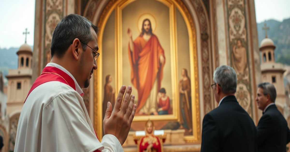 Defending Christ's Kingship Over Modernist Indifferentism Catholic priest praying before Christ the King with Armenian churches in background, contrasting modernist indifferentism