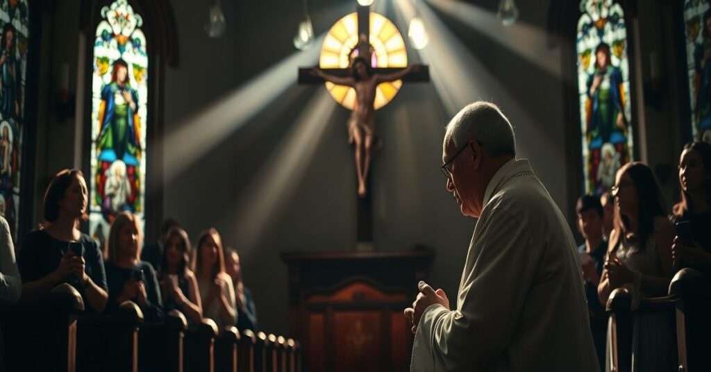 A traditional Catholic priest kneeling in prayer before a crucifix in a church, with pro-life advocates in the background holding rosaries.