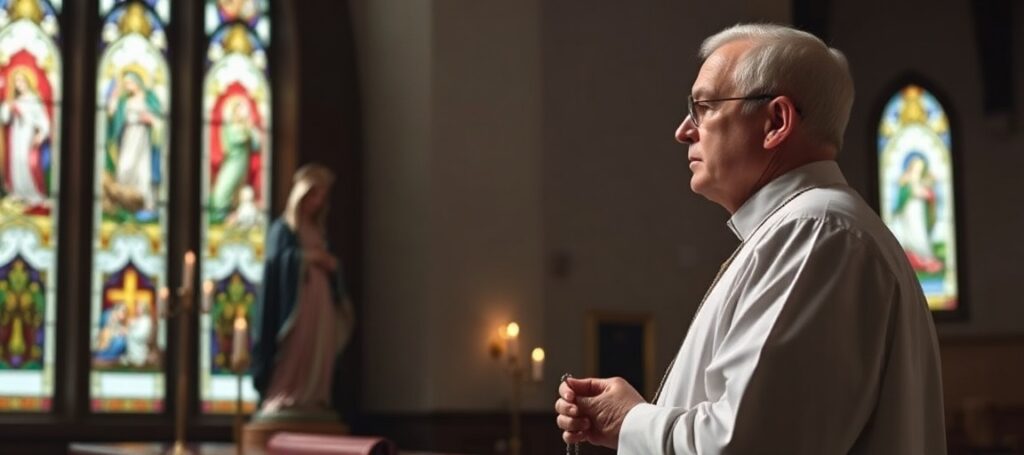 Catholic priest in a church sanctuary praying for an end to abortion, with a statue of the Blessed Virgin Mary and stained glass windows.