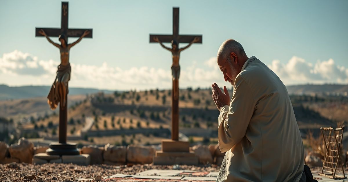 A traditional Catholic priest kneeling in prayer before a crucifix with the Holy Land in the background.
