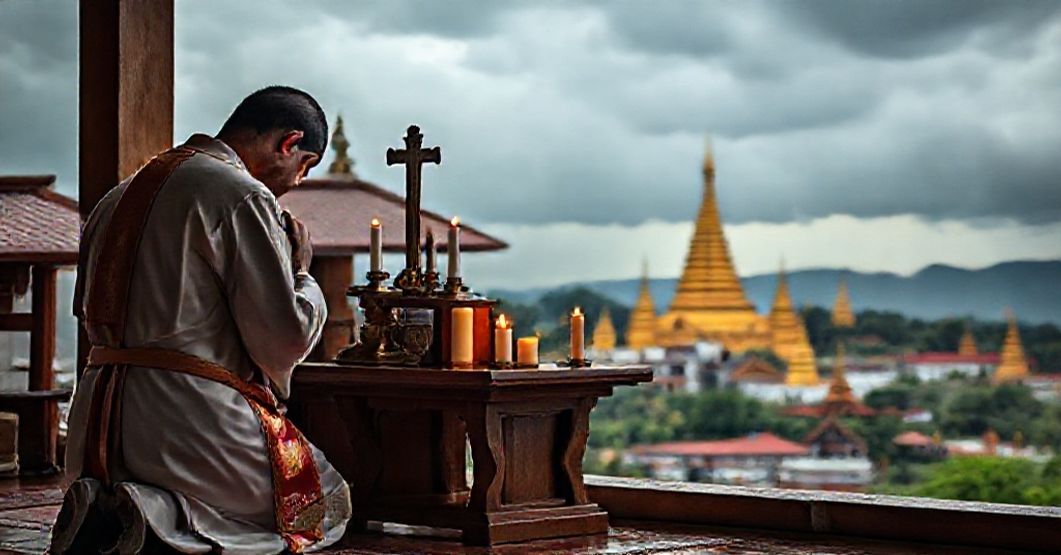 A Catholic priest praying solemnly before an altar with Myanmar pagodas in the background, symbolizing the spiritual battle for souls in a conflict-torn nation.