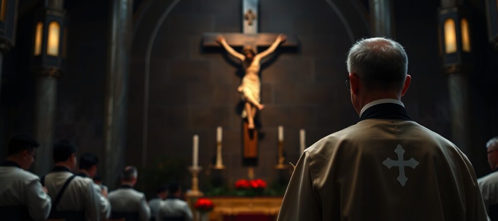 A Catholic priest in solemn prayer before a crucifix, symbolizing the persecution of Christians in China.